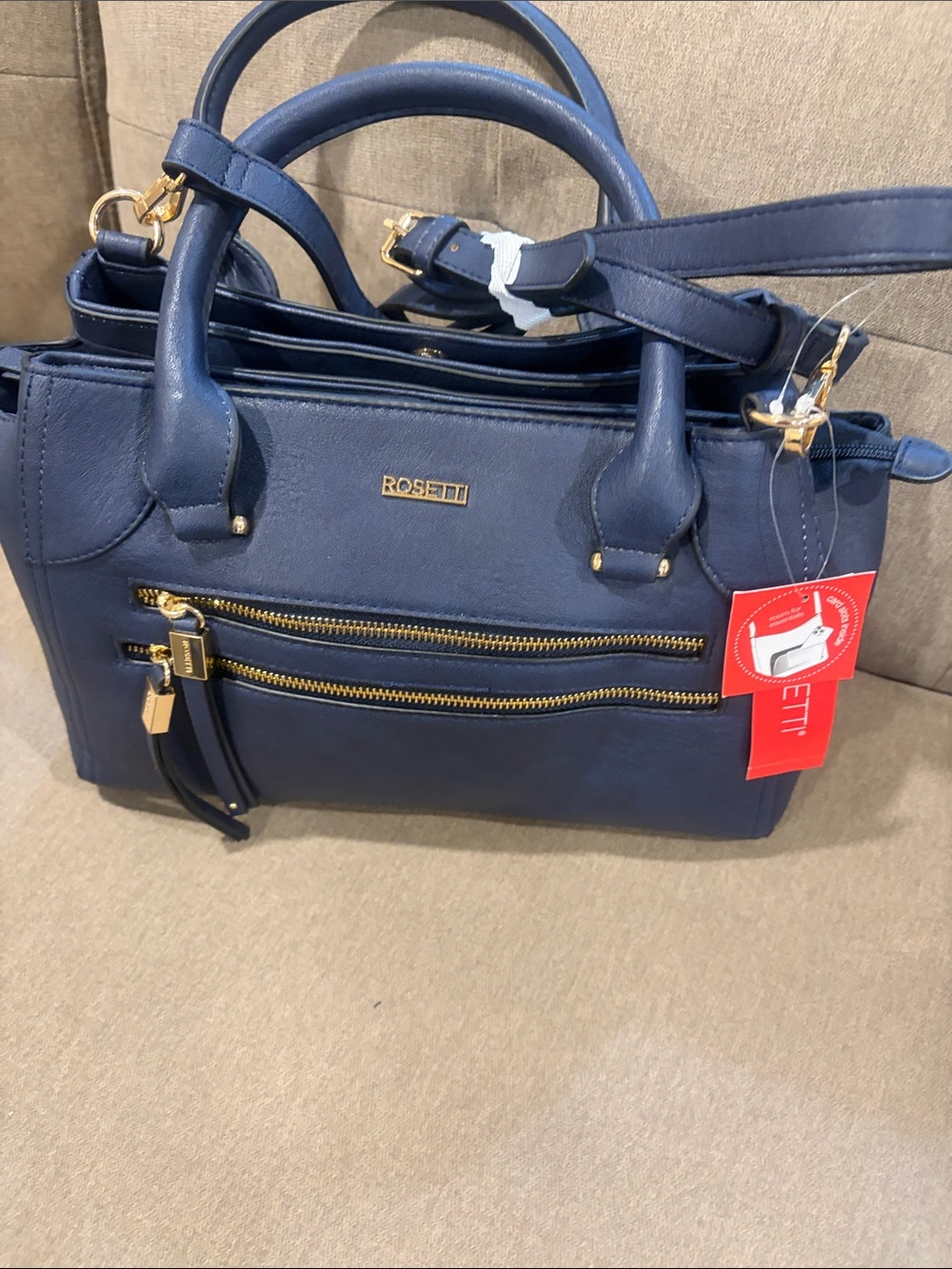 Rosetti Navy Blue Double-Zip Satchel with Gold Hardware
